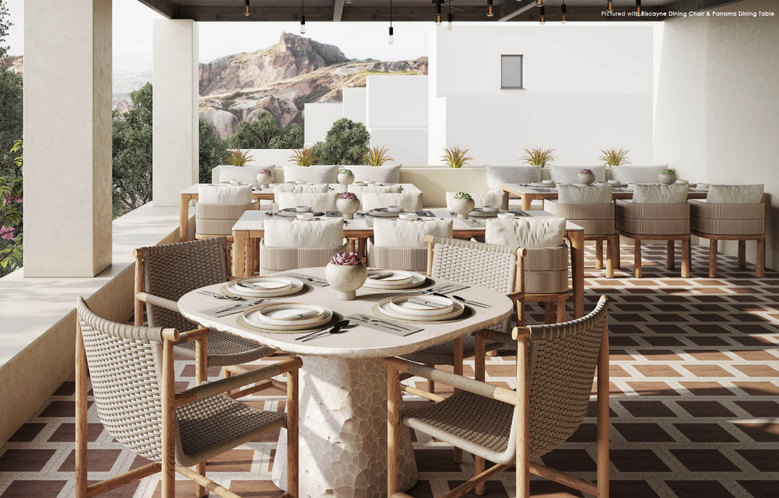 Outdoor dining chairs and tables