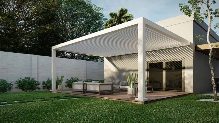 White R-BREEZE slatted-roof pergola over a residential patio