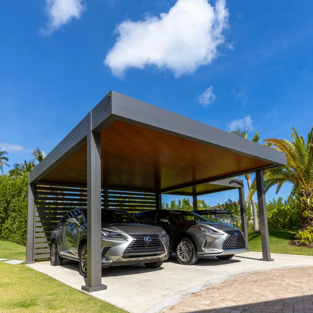 Gray + wood-grain R-CAR carport at a residential driveway