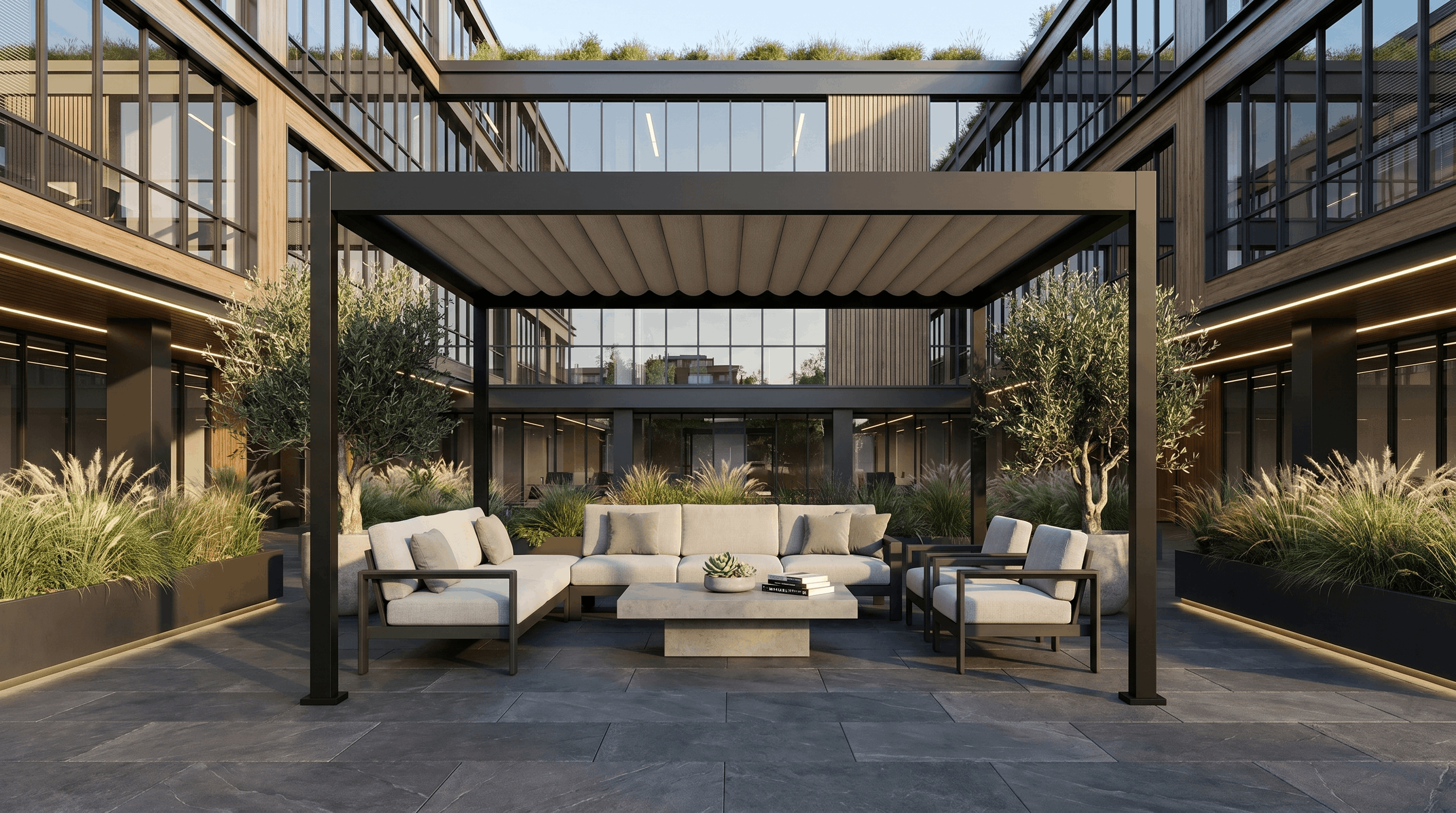 R-WEAVE black fabric pergola installation