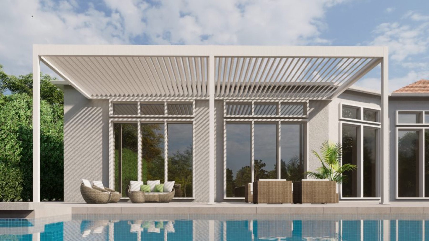 Aluminum pergola over a poolside terrace with outdoor lounge seating in Los Angeles