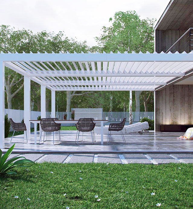 Pergola bioclimatique adossée motorisée à lames orientables R-600
